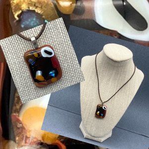 Glass Pendant Necklace Silver Copper Brown Black White Amber Brown Turquoise